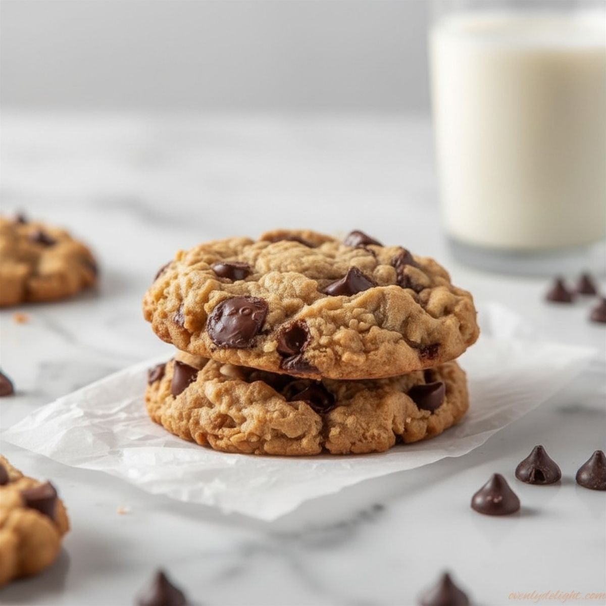 Peanut butter oatmeal chocolate chip cookies stacked on a cooling rack