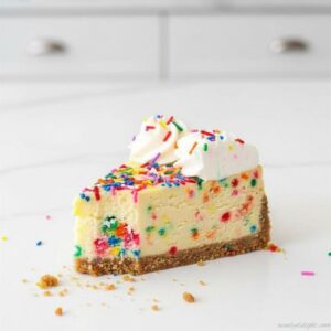 Slice of no bake funfetti cheesecake showing creamy filling with colorful sprinkles and buttery crust, simple no oven dessert
