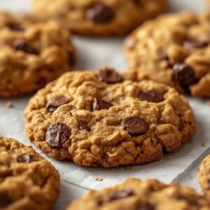 Soft and chewy oatmeal chocolate chip cookies with golden edges, rolled oats, and melted chocolate chips on top.