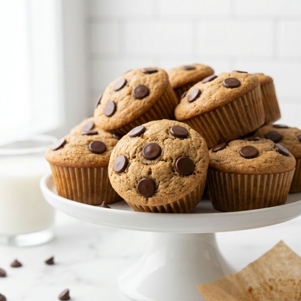 Soft and fluffy peanut butter muffins with chocolate chips cooling on a wire rack after baking.