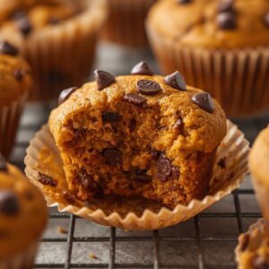 Soft and moist pumpkin chocolate chip muffins fresh from the oven.