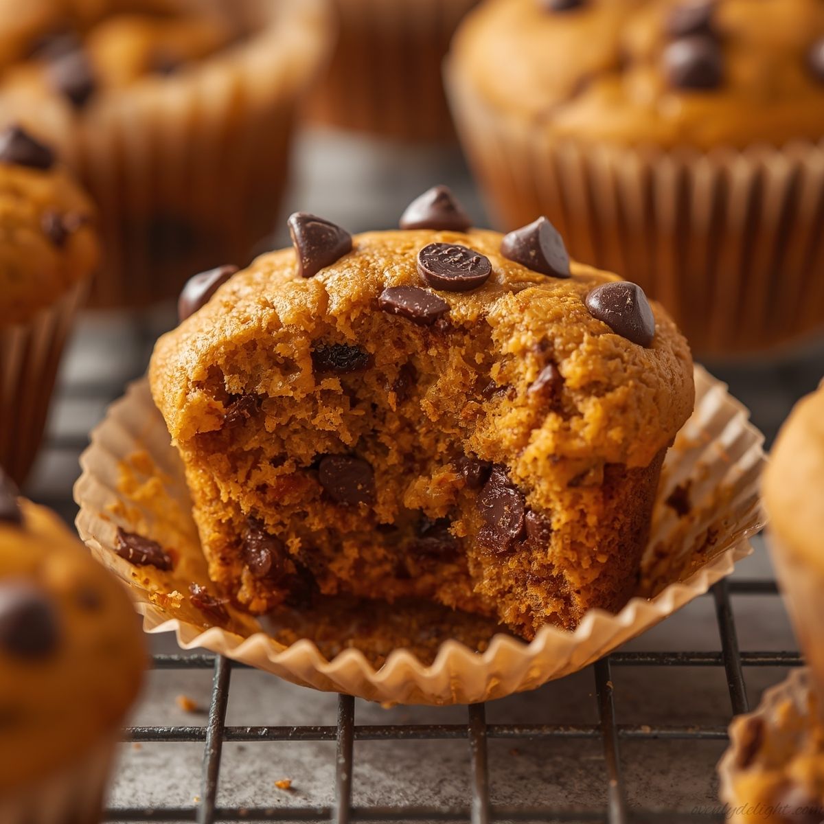 Soft and moist pumpkin chocolate chip muffins fresh from the oven.