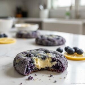 Soft lemon blueberry cheesecake cookies with creamy cheesecake filling and blueberry jam inside