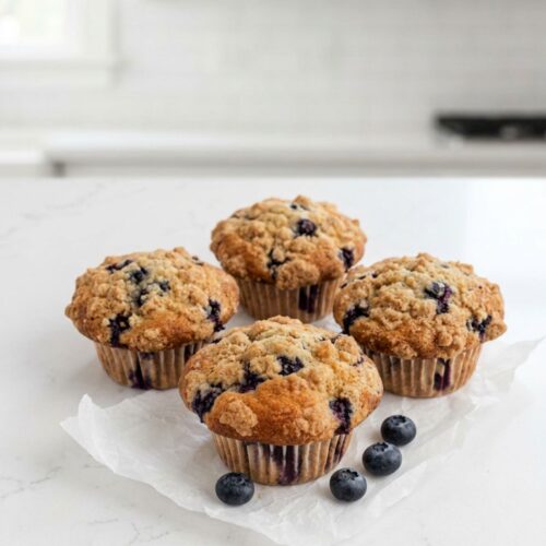 Top-down view of four bakery-style blueberry muffins arranged on a clean white countertop, featuring golden domed tops with juicy blueberries, set against a bright luxury kitchen background with shallow depth of field.