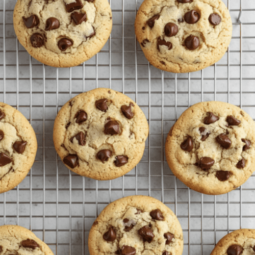 Warm bakery style peanut butter chocolate chip cookies cooling on wire rack