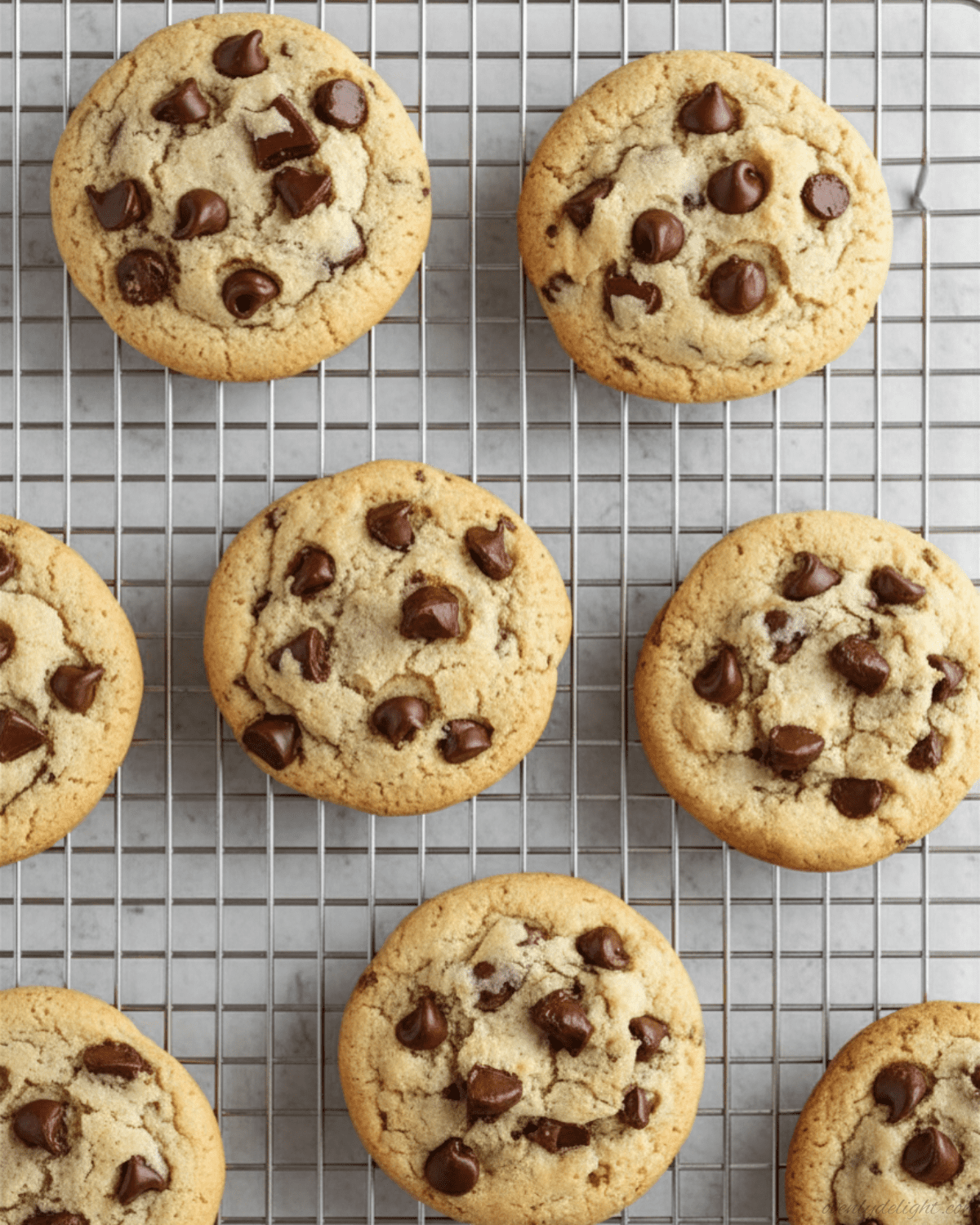 Warm bakery style peanut butter chocolate chip cookies cooling on wire rack