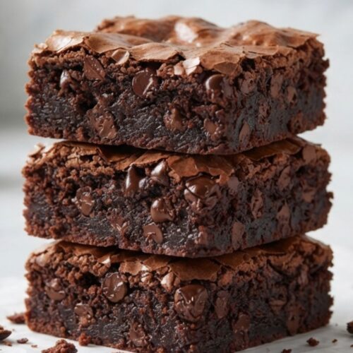 A stack of rich and fudgy triple chocolate brownies with a crackly top and melted chocolate chips, ready to serve as a homemade dessert.