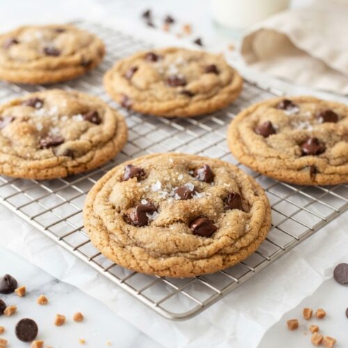 Bakery-style Brown Butter Toffee Chocolate Chip Cookies with caramel-like browned butter flavor, chocolate chips, and toffee bits.