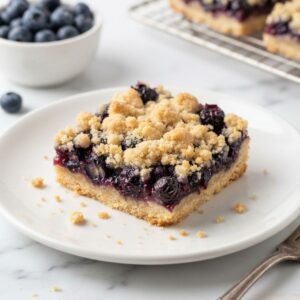 Blueberry Crumble Bars with a buttery crumb topping and juicy blueberry filling cut into squares.