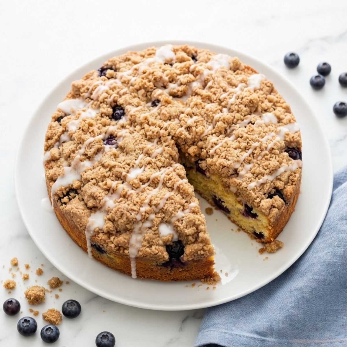 Blueberry coffee cake topped with cinnamon streusel and vanilla glaze