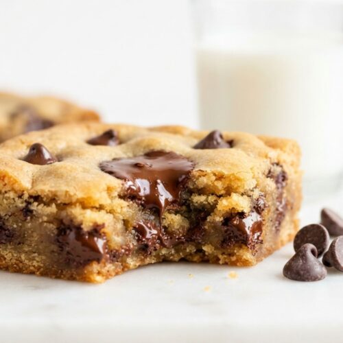 Brown Butter Chocolate Chunk Blondies stacked with gooey chocolate chunks and golden chewy edges