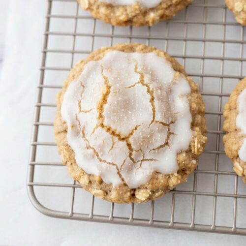 Chewy Iced Oatmeal Cookies with rolled oats and vanilla glaze