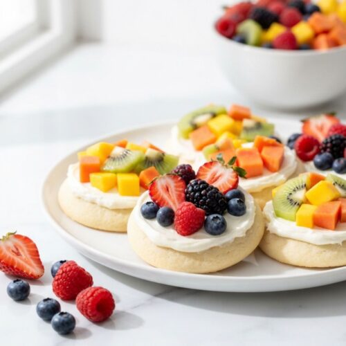 Easy Mini Fruit Pizzas decorated with strawberries, blueberries, kiwi, and creamy frosting on buttery cookies.