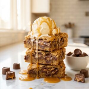 Easy Peanut Butter Caramel Blondies served on parchment paper with a chewy texture.