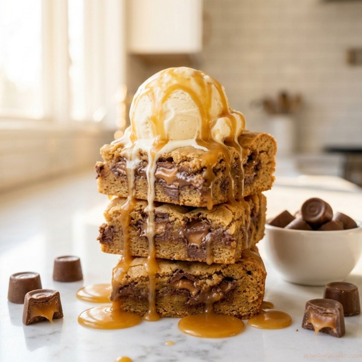 Easy Peanut Butter Caramel Blondies served on parchment paper with a chewy texture.