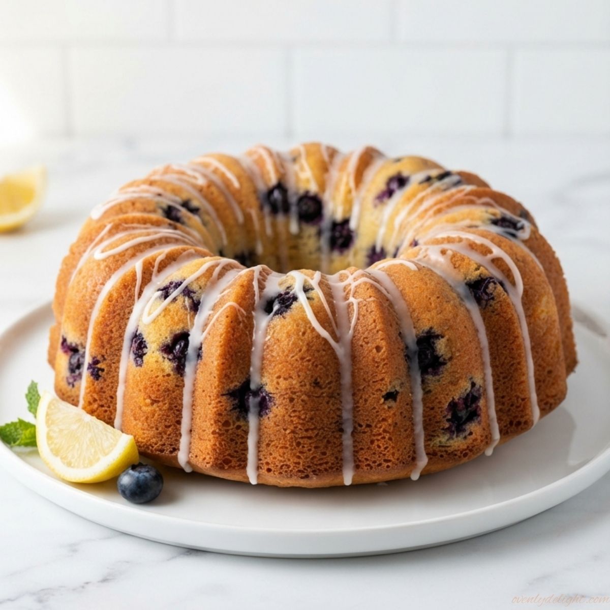 Easy lemon blueberry bundt cake with bright lemon flavor and blueberries throughout the tender crumb