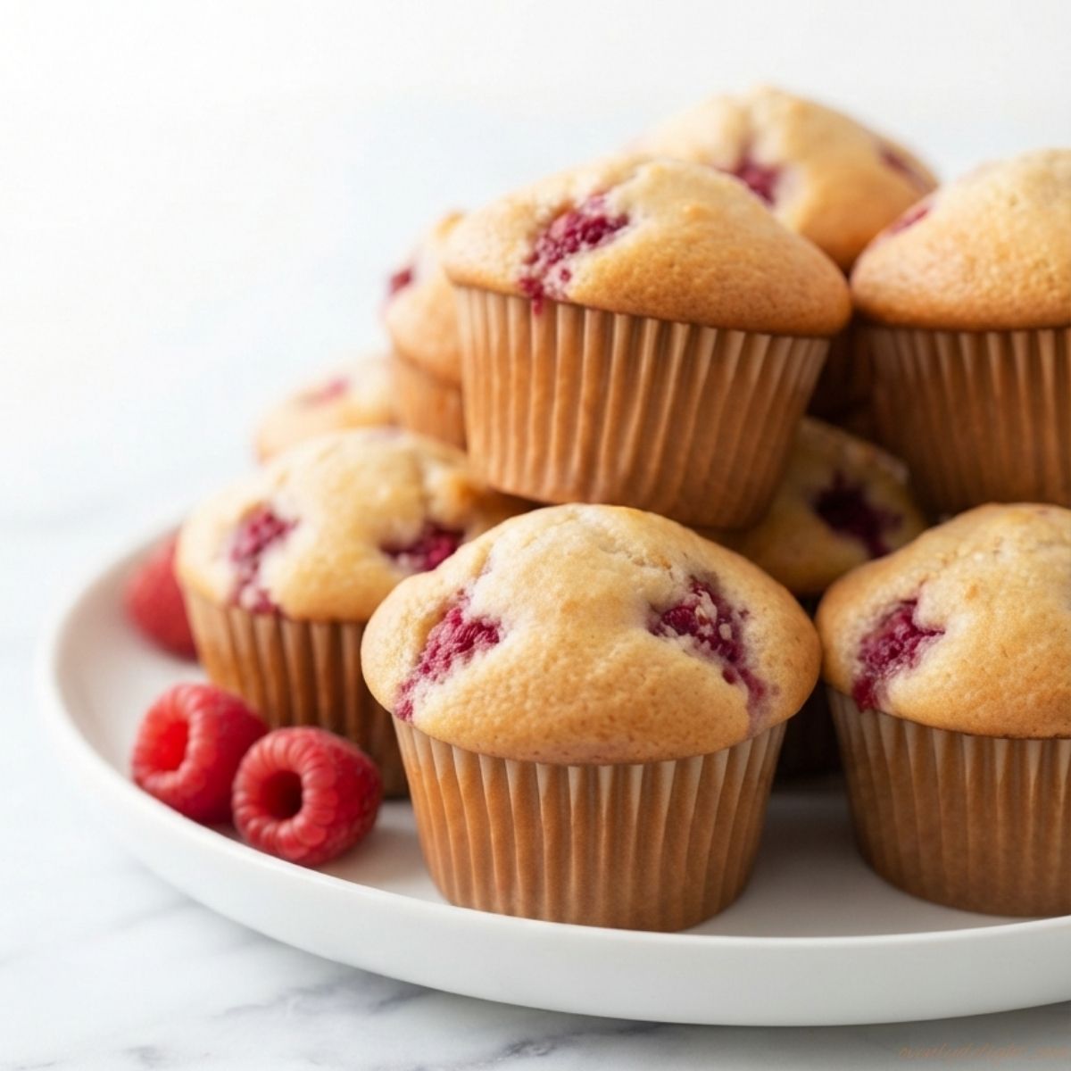 Fresh raspberry muffins with juicy raspberries and golden bakery-style tops