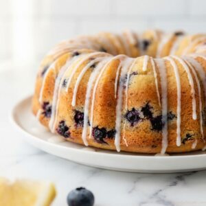 Freshly baked lemon blueberry bundt cake topped with a simple lemon glaze on a white serving plate