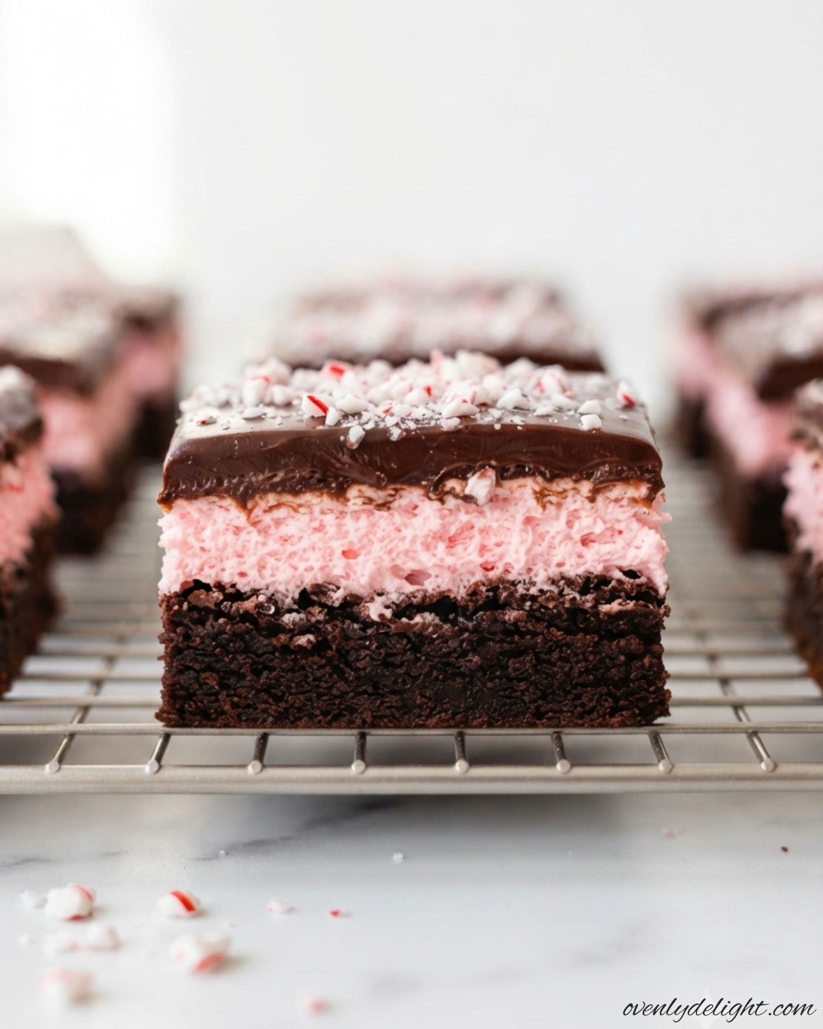 Fudgy Candy Cane Brownies topped with crushed peppermint candy canes and chocolate drizzle.