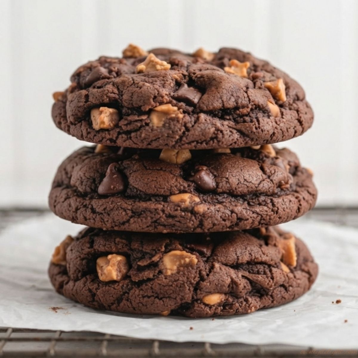 Fudgy dark chocolate peanut butter chip cookies on a plate