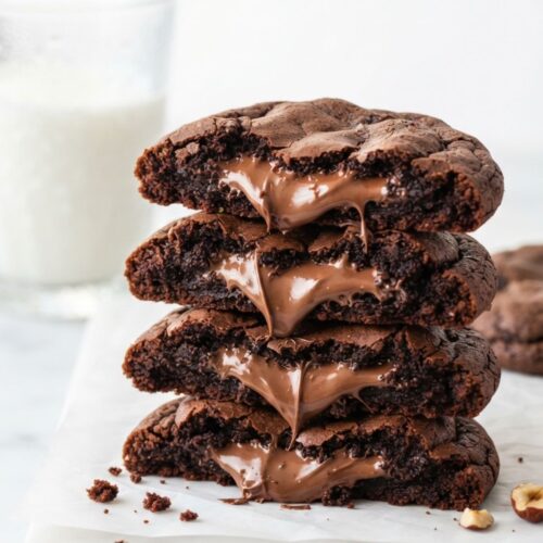Homemade Nutella stuffed chocolate cookies made with cocoa powder and chocolate chips for a rich dessert