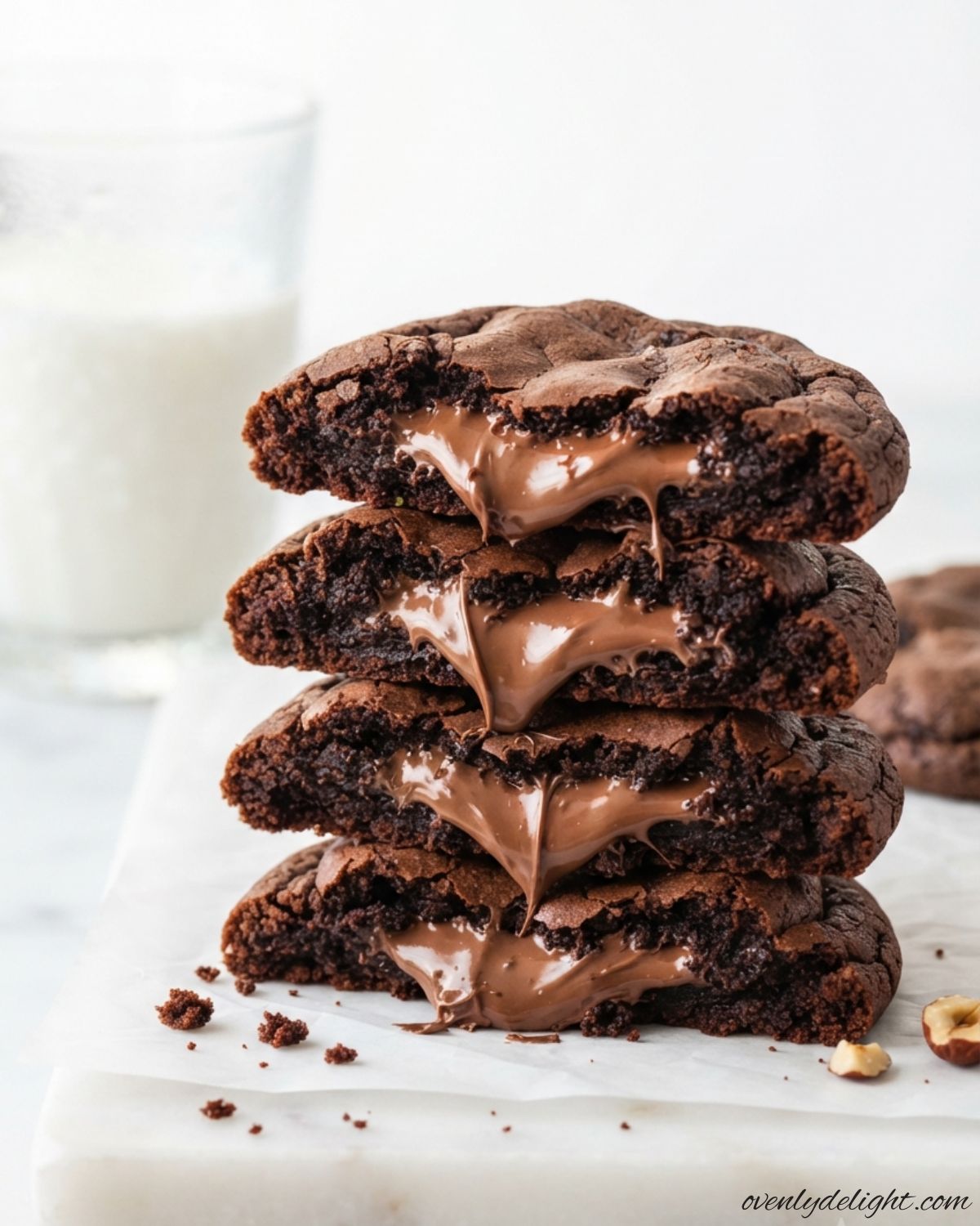 Homemade Nutella stuffed chocolate cookies made with cocoa powder and chocolate chips for a rich dessert