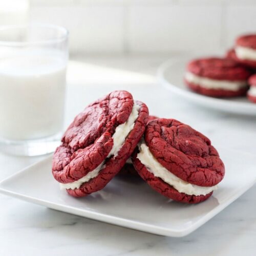 Homemade Red Velvet Sandwich Cookies with soft cocoa cookies and creamy filling