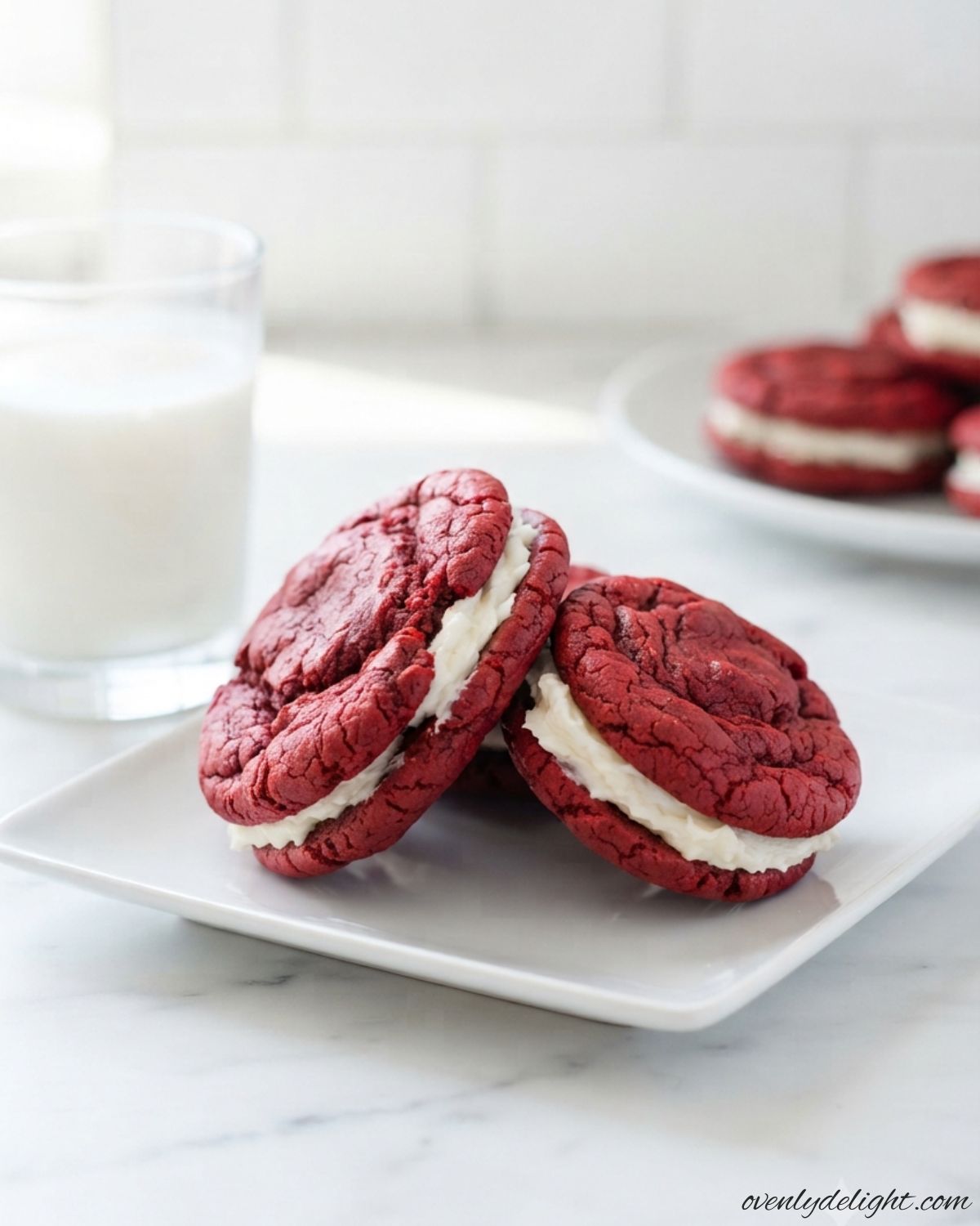 Homemade Red Velvet Sandwich Cookies with soft cocoa cookies and creamy filling