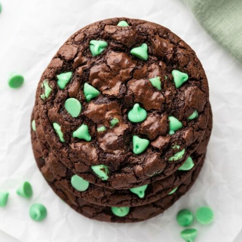 Mint Chip Chocolate Cookies with soft centers, rich cocoa flavor, and melty mint chocolate chips