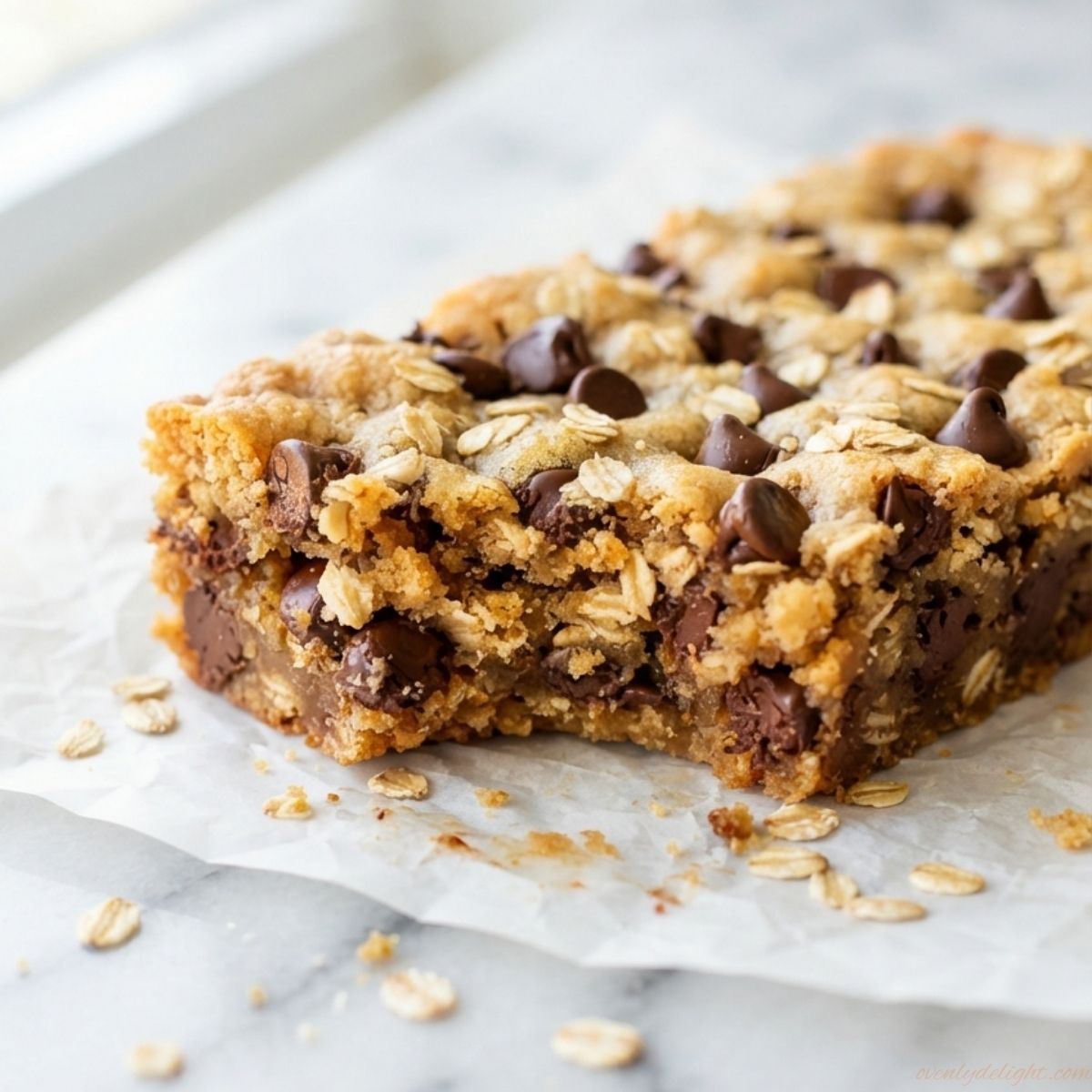 Oatmeal Chocolate Chip Cookie Bars with a soft chewy texture, old-fashioned oats, and melted chocolate chips