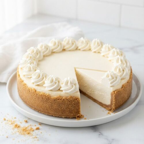 Smooth homemade no-bake cheesecake served on a classic graham cracker crust.