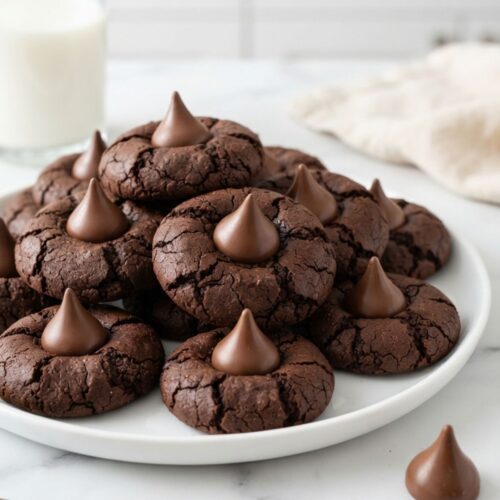 Soft Chocolate Blossom Cookies rolled in sugar and finished with a chocolate kiss for a classic holiday treat.