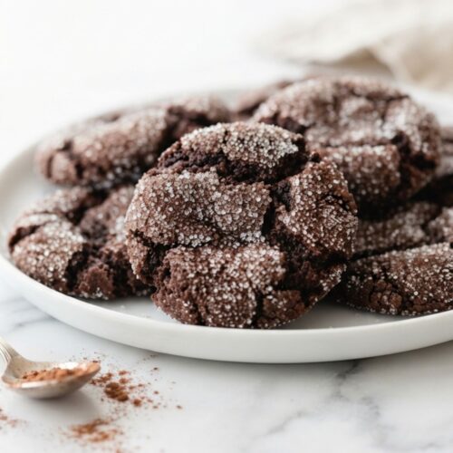 Soft and chewy chocolate sugar cookies topped with sugar crystals on a baking tray