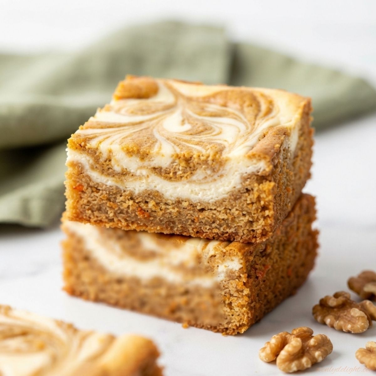 Soft and moist Carrot Cake Cheesecake Bars layered with rich cheesecake and topped with a light sprinkle of cinnamon.