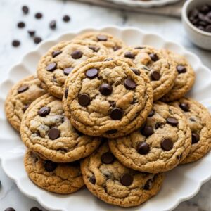 Soft, chewy gluten-free chocolate chip cookies made with almond flour, stacked on a plate with visible chocolate chunks.
