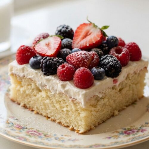Soft vanilla berries and cream sheet cake topped with whipped cream and fresh mixed berries.