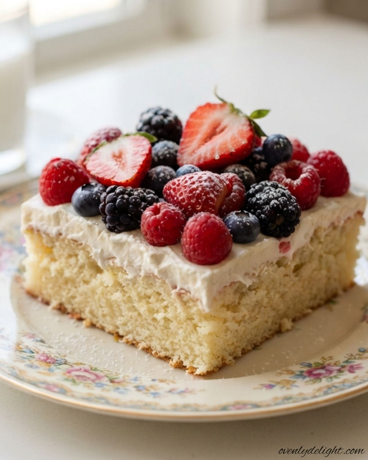 Soft vanilla berries and cream sheet cake topped with whipped cream and fresh mixed berries.