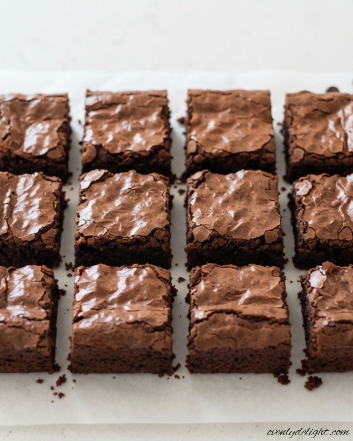 Square pieces of fudgy triple chocolate brownies with chocolate chips and a soft gooey center.