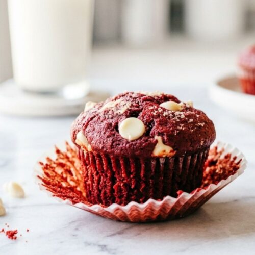 Freshly baked red velvet chocolate chip muffins in paper liners, bakery-style presentation.